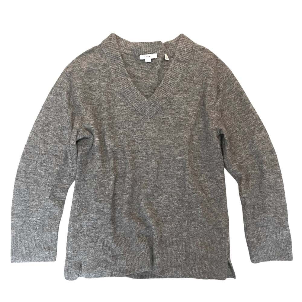 Vince Side Slit V-Neck Tunic Sweater Gray Wool Alpaca Blend Womens XS Pullover